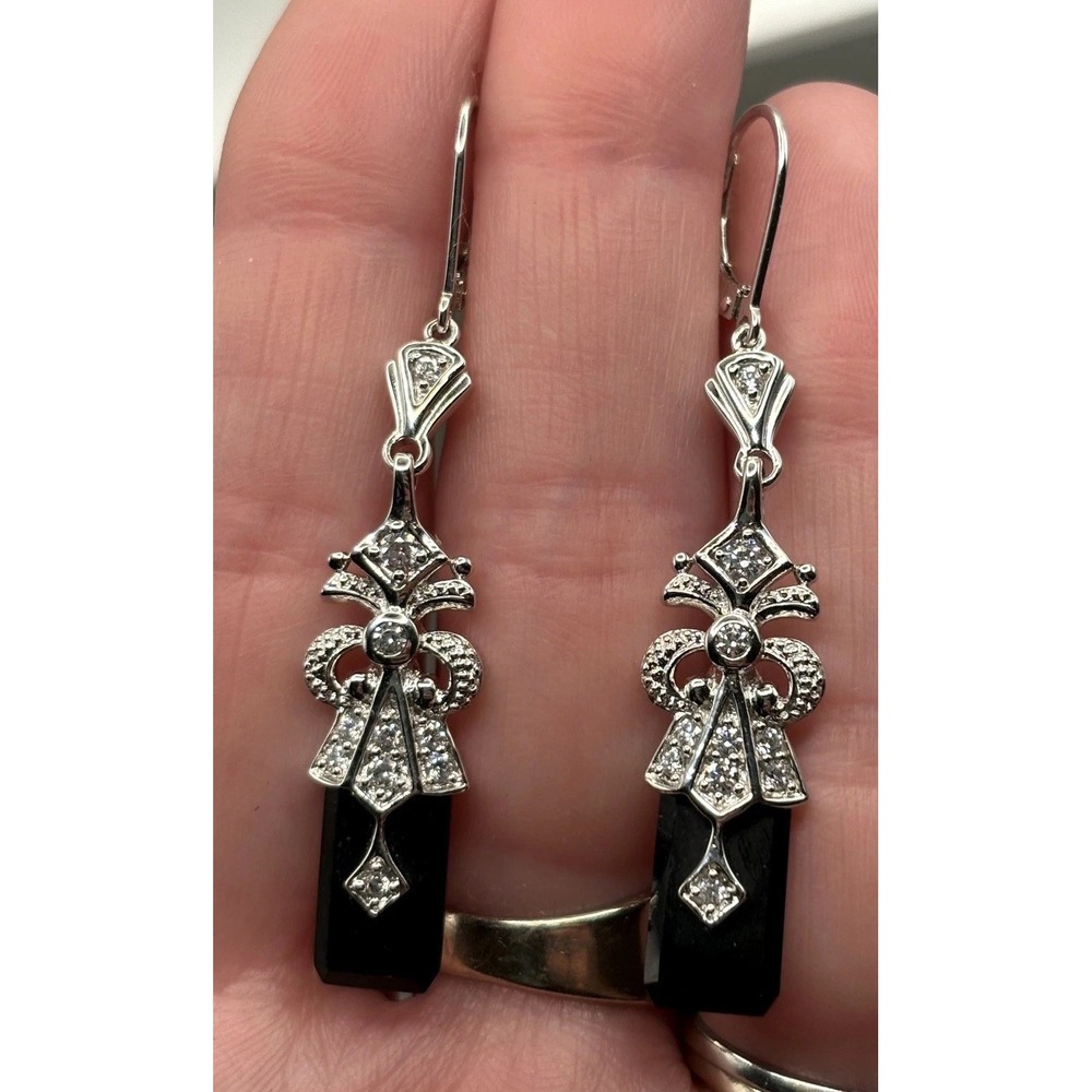 Art Deco Style Bow Cubic Zirconia Black Glass Earrings Silver Tone Leverback
